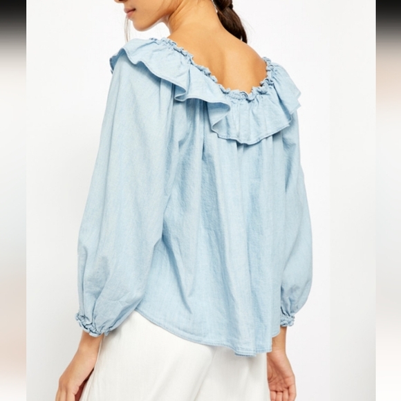 Free People Lily Of The Valley Chambray Ruffled Blouse M - Picture 4 of 14